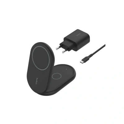 Afbeelding van Belkin BoostCharge 2 in 1 magnetische inklapbare Qi2 15W lader, MagSafe compatible draadloze oplader, snellader voor Apple iPhone 15/14/13/12, laadstation met antislipvoet, voedingsadapter Zwart