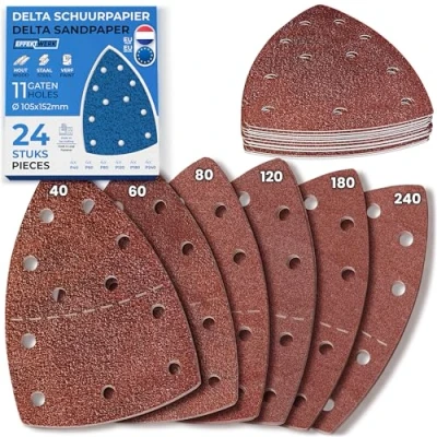 Afbeelding van EffektWerk Delta schuurpapier (24 stuks, 11 gaten), 105 x 152 mm driehoekige schuurpads voor muisschuurmachines, meerdere korrelgroottes (40, 60, 80, 120, 180, 240)