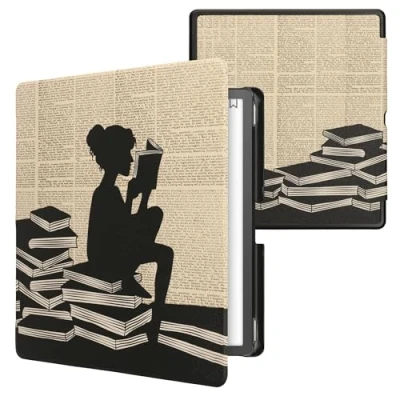 Afbeelding van kwmobile E reader hoesje geschikt voor Amazon Kindle Scribe hoes flip case met magnetische sluiting Ereader cover Meisje boeken design in zwart / beige