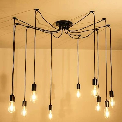 Afbeelding van iDEGU Moderne en retro kroonluchter, hanglamp, 10 armen, doe het zelf, creatief, spin, verstelbaar, 150 cm, vintage plafondlamp met E27 fitting, zwart (10 lampen)
