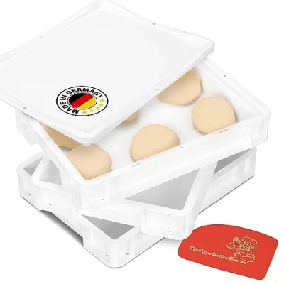 Afbeelding van RoyalFay pizzaballendoos Made in Germany voedselveilig 30x40x8 cm (3 dozen en 1 deksel) witte rijsdoos voor pizzadeeg