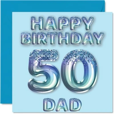 Afbeelding van 50e verjaardagskaart voor papa blauwe glitter feestballonnen gelukkige verjaardagskaarten 50 jaar oude vader van zoon dochter, 145 mm x verjaardag wenskaarten cadeau