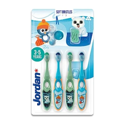 Afbeelding van Jordan ® Step 2 Kindertandenborstel, tandenborstel voor kinderen van 3 tot 5 jaar, zachte borstelharen, ergonomische en BPA vrije dubbele handgreep, kleur blauw groen, verpakking 4 stuks
