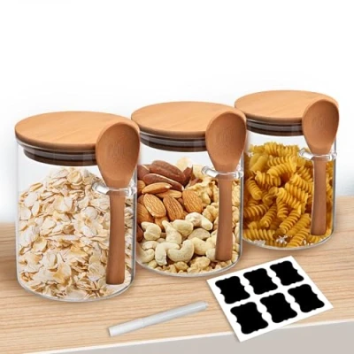 Afbeelding van Gigmeta Voorraadpotten met deksel en lepel, set van 3, 540 ml, voorraaddozen glas bamboedeksel, keuken, luchtdichte opbergpotten, kruidenpotjes, yoghurtglazen, glazen potjes, 3