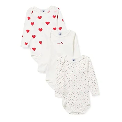 Afbeelding van Petit Bateau Set van 3 katoenen body&#039;s met lange mouwen hartjesprint Meisjes Rompertje Maat 92/98