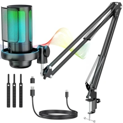 Afbeelding van Anykuu Condensatormicrofoonkit, professioneel, 192 kHZ/24 USB gamingmicrofoon, pc streaming, podcast, microfoon, popbescherming, voor gaming/studio/Youtuber karaoke/podcasting