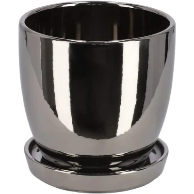 Afbeelding van KOTARBAU® Keramische bloempot, sierpot voor bloemen en planten, diameter 13 cm, met lekbak, zilver, binnen