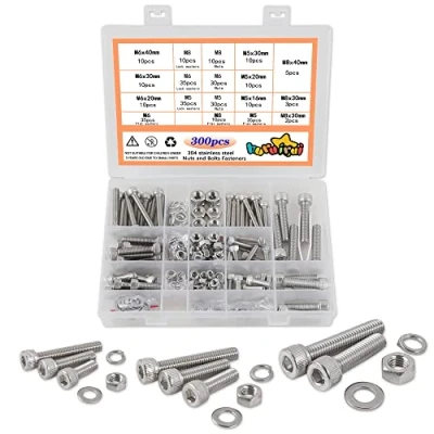 Afbeelding van huruirui M5 M6 M8 Schroevenassortiment met moeren, sluitringen, set schroeven moeren binnenzeskant, 300 stuks, 304 roestvrij stalen knop, schroefdraadschroeven, assortiment voor doe het zelf