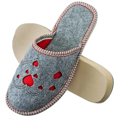 Afbeelding van ESTRO Pantoffels Dames Sloffen Vilt Viltpantoffels voor Vrouwen Huisschoenen met Antislip Zoolen F03 (37, Harten)