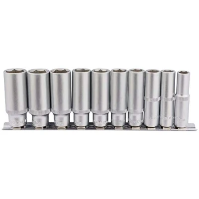 Afbeelding van Draper 16401 Vierkante aandrijving diepe socket 10 stuks set op metalen rail, blauw, 3/8&quot; lengte