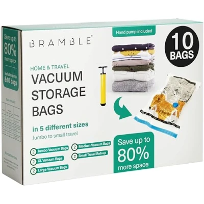 Afbeelding van BRAMBLE 10 Vacuümopbergzakken met pomp, compressiezakken voor dekbedden, kleding, dekens 2 jumbo, XL, groot, medium, reisroll up