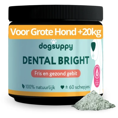 Afbeelding van Dental Bright GroteHond⁺ Gebitsverzorging supplement Frisse adem &amp; Gezond gebit 60 schepjes 100% Natuurlijk Vermindert Tandsteen Tandplak Hypoallergeen met Pepermunt Alternatief voor Tandpasta Hond Tandenborstel