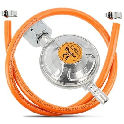Afbeelding van BRADAS® Gasregelaar, drukregelaar 37 mBar 1,5 kg/h met gasslang 1 m lengte + 2 slangklemmen propaan butaangasaansluitset grill camping gasdrukregelaar gasfles