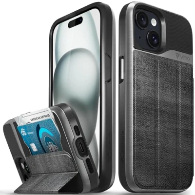 Afbeelding van VENA vCommute Portemonnee hoesje compatibel met Apple iPhone 15 (6,1 inch), (militaire valbescherming), lederen fliphoes kaartsleuf en standaard, grijs (space grey/slate black)