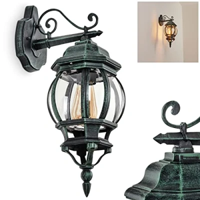 Afbeelding van Buitenwandlamp Lentua, wandlamp downwards in antiek look van metaal/glas zwart/groen/helder, wandlamp, E27, retro/vintage buitenlamp voor terras, veranda en binnenplaats, IP44, zonder gloeilamp