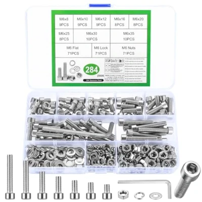 Afbeelding van 284 stuks M6 schroevenset, zeskantschroeven, moeren, set, roestvrijstalen cilinderschroeven, binnenzeskant schroeven met moeren en sluitringen, machineschroeven, schroefdraadschroeven, assortiment