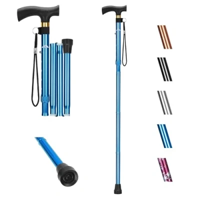 Afbeelding van supregear Opvouwbare Wandelstok, Inklapbare Aluminium Wandelstok Verstelbare met T Handvat en Anti Verloren Polsband Antislip Balancerende Mobiliteitshulp voor Ouderen Invalide