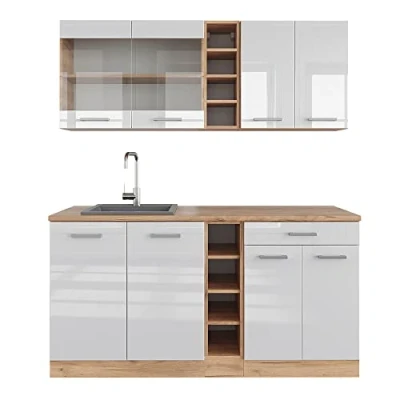 Afbeelding van Vicco Eenpersoonskeuken &quot;R Line&quot;, Wit hoogglans/goud power eiken, 160 cm, WB Eik
