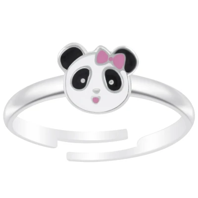 Afbeelding van JoyS Zilveren panda ring met roze strikje verstelbaar voor kinderen