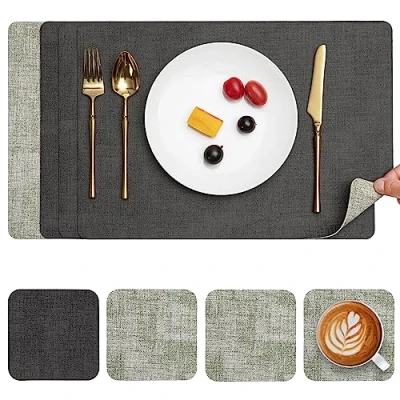 Afbeelding van Myir JUN Lederen Placemat en Onderzetters, Tafelmatten Waterdichte Afveegbare Dubbelzijdige Plaats Matten Koffiematten Antislip Wasbare Placemats Coaster (Grijs Groen, Sets 4)