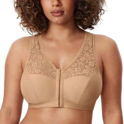 Afbeelding van DELIMIRA Dames volledig dekkende beha Met Voorsluiting Racerback Plus Maat Volledige Dekking Draadloze Bh comfortabele Lace Bh&#039;s natuurlijk 85E