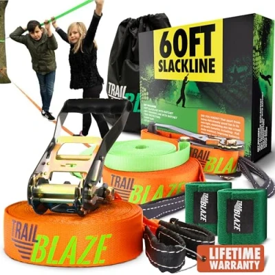 Afbeelding van Slackline Complete set voor beginners, trainingsgordel boombescherming, transporttas, nieuwste technologie met ratel en ergonomische handgreep, perfecte activiteit in de open lucht