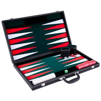 Afbeelding van Backgammon 21&quot;, groen/rood/wit ingelegd vilt