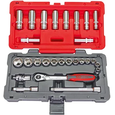 Afbeelding van KS TOOLS 922.0627 Set met dopsleutels en accessoires 3/8&quot; Ultimate Serie zeskant 2 componenten koffer versterkte hoeken gesatineerde chromen afwerking 27 delig rood/zwart