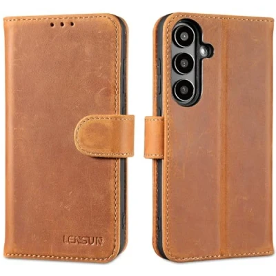 Afbeelding van Lensun Beschermhoesje voor Samsung Galaxy S24 5G, echt leer, RFID blokkering, boek met portefeuille, magneetsluiting, flipcase, leren hoes S24, bruin, retro