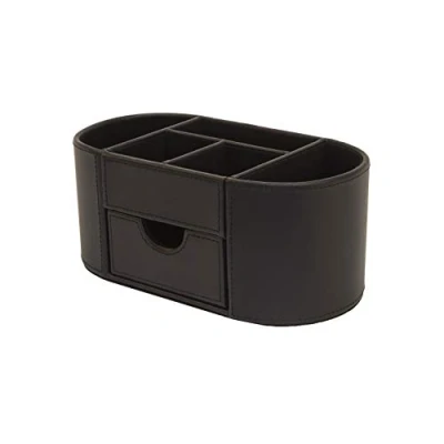 Afbeelding van OSCO Zwarte bureau organizer van kunstleer met lade, opgeruimd bureau, pennenhouder, make upcontainer, potloodopbergruimte, 6 vakken, schrijfgerei, 10 x 23 12 cm (h b d)