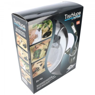 Afbeelding van Tafelloep met LED licht voor delicaat werk, twee vergrootglazen, flexibele hals, afneembare klem bevestiging