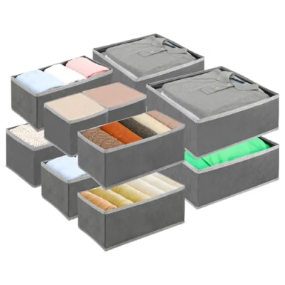Afbeelding van Exyvox Set van 12 kledingkast organizers voor kleding, opvouwbare stoffen opbergdozen, kast, wasbare, grijze lade organizer, opbergdozen babykleding