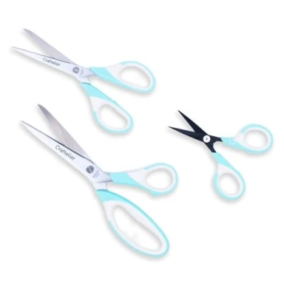 Afbeelding van Craftelier Set van 3 roestvrijstalen scharen in verschillende Maten Voor handwerk Ergonomische handgreep links en rechtshandigen 11,4 cm, 16,51 cm 21,59 Turquoise Wit