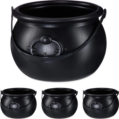 Afbeelding van 4x Heksenketel zwart, set, decoratiepot voor snoepjes, van kunststof, met handvat, H x Ø: 13 19 cm, in het zwart