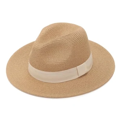 Afbeelding van DRESHOW Vrouwen Stro Panama Hoed Fedora Strand Zonnehoed Brede Rand Oprollen UPF 50 +