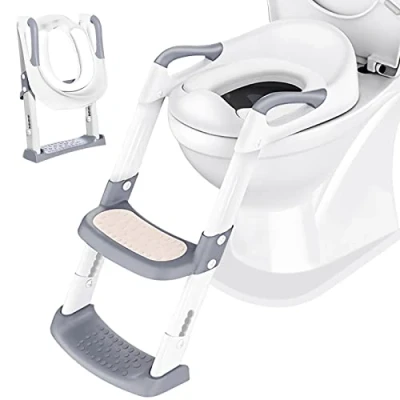 Afbeelding van Zindelijkheidstraining toiletbril trainer: kindertoilet trainingszitje met opstapje opvouwbare draagbare potjesstoel verstelbare hoogte ladderbescherming handvat zacht kussen wit voor baby,