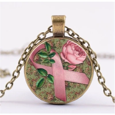 Afbeelding van GoedeDoelen.Shop Ketting Pink Ribbon &amp; Roses Bronze Sieraad Cancer Awareness Statement Hope Cadeau Wellness House