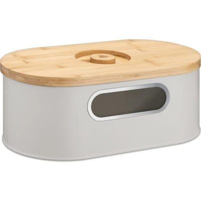 Afbeelding van Navaris broodtrommel met houten deksel Broodbox snijplank als Ovale opbergbox inkijk 34,2 x 18,6 13 cm Taupe