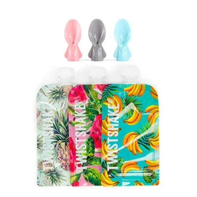 Afbeelding van Twistshake 3x Herbruikbare Knijpzakjes Voor Babyvoeding 220ml + Eetlepels Dubbele Sluiting Zakjes En Lepels Zonder BPA