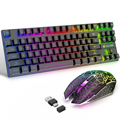 Afbeelding van T87 Upgrade 87 Toetsen Draadloze Toetsenbord Muis Combo, Regenboog Backlit 2.4G Oplaadbaar Mechanisch Feel Gaming +2400DPI 6 Knoppen Optische LED Muis+Gratis Muispads (Zwart)