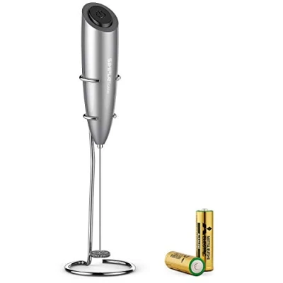 Afbeelding van SimpleTaste elektrische melkopschuimer, handheld melkopschuimer met 2 batterijen en roestvrijstalen voet, handmatige sterke motor, (zilver)