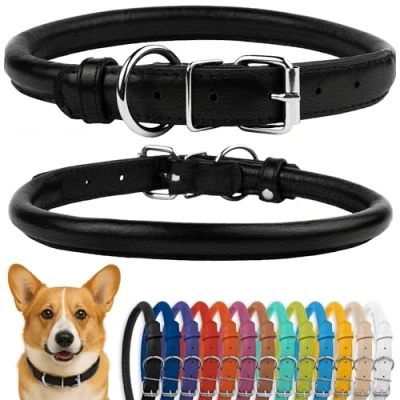 Afbeelding van CollarDirect Rolled lederen halsband, zachte gewatteerde ronde puppyhalsband, handgemaakte echt halsband hond kleine grote halsbanden zwart roze rood paars blauw (geschikt voor 14&quot; 16&quot; nek,