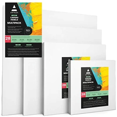 Afbeelding van Arteza Schildersdoek, 28 delige set witte Canvas boards van 15.2x15.2, 20.3x20.3, 25.4x25.4, 30.5x30.5 cm, doeken 100% katoen, achterkant gerecycled karton, Voor schilderen op doek