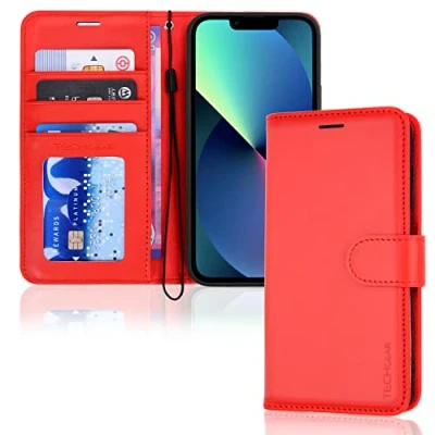 Afbeelding van TECHGEAR Leren portemonneehoesje voor iPhone 14 Plus, flipcase, beschermhoes met portemonnee, kaarthouder, standaard en polsband rood PU leer magnetische sluiting, ontworpen Plus