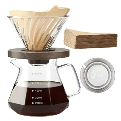 Afbeelding van Lalord Pour Over koffiezetapparaat, 600 ml borosilicaatglazen karaf met 100 stuks V02 papierfilter, walnoothandvat, druppelkoffiezetapparaat voor thuis, café, restaurant, camping, 3 kopjes