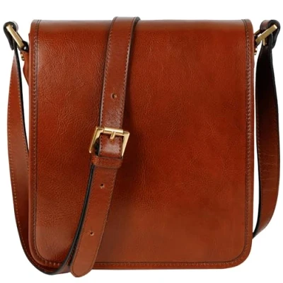 Afbeelding van Time Resistance Kleine Leren Messengertas Heren Shouldertas Cross lichaam tas Handgemaakt Italiaanse Volnerfleer, Cognacbruin
