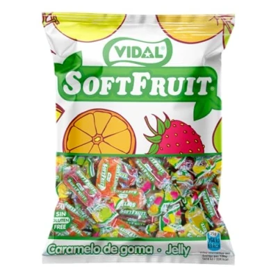 Afbeelding van Vidal Snoep Soft Fruit, rubberen snoepjes verpakt, geel, rood en oranje, aroma&#039;s ananas, citroen, sinaasappel, appel aardbeien, zak 1 kg