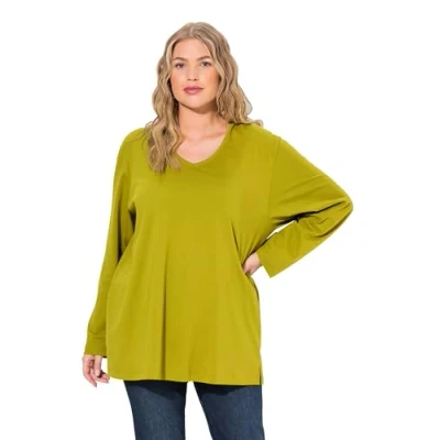 Afbeelding van Ulla Popken Dames grote maten plus size shirt, V hals, relaxed, lange mouwen, olijf, 58 60