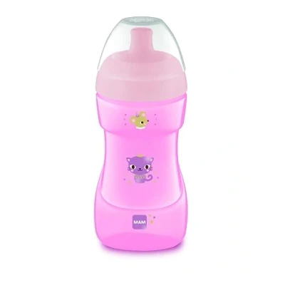 Afbeelding van MAM Leerbeker, vanaf 12 maanden, 330 ml, met hard sportmondstuk afneembaar lekventiel, gemakkelijk vast te pakken dankzij het antislip, gebogen ontwerp, roze, 1 stuks