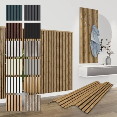 Afbeelding van HEXIM Akoestische panelen, 138,5 x 60 cm, flexibele lamellenwand, hout, mdf wandpanelen, wandbekleding, binnendecoratie, geluidsisolerend (4 panelen / 3,32 m² Pecan APH08)
